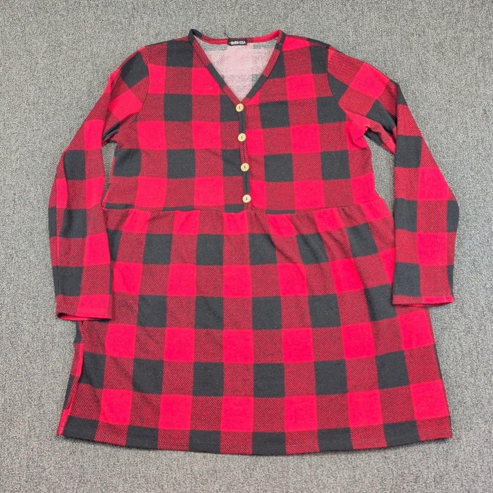 Heimish‎ USA Vintage Buffalo Plaid Babydoll Dress XL Red Black Check V-Neck